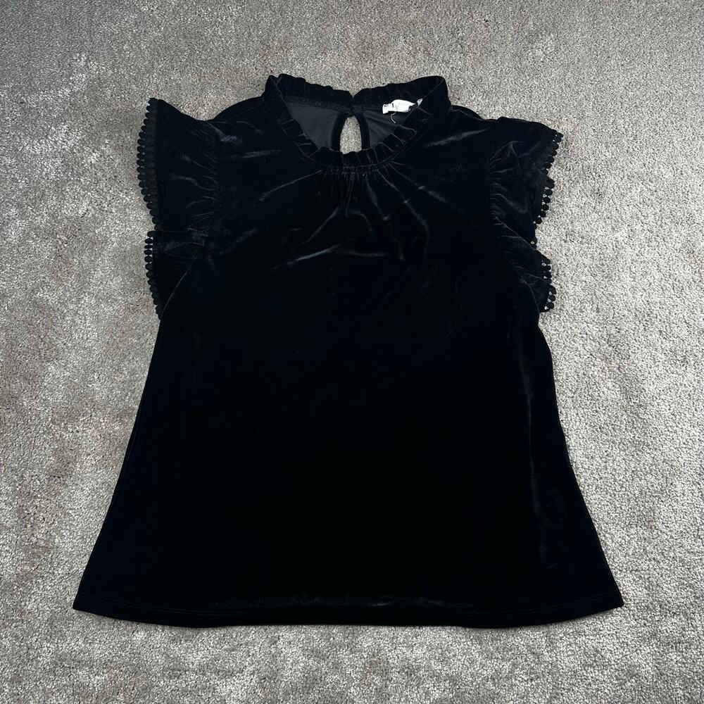 THML Black Velvet Ruffle Trim Top Size S Sleeveless Keyhole Romantic Goth Glam